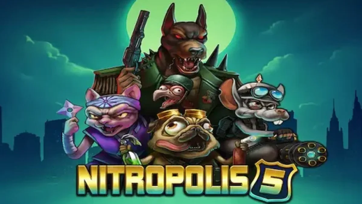 Nitropolis 5 স্লট গেমের একটি দৃশ্য যেখানে যুদ্ধের আমেজ এবং প্রাণবন্ত গ্রাফিক্স দেখা যাচ্ছে